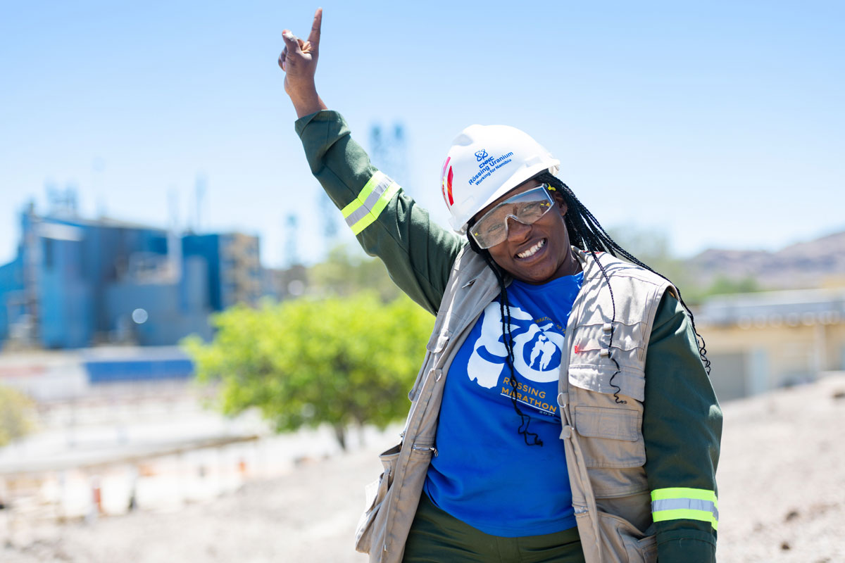 Female mine worker wearing a safety hat at Rossing Uranium Mine in Namibia